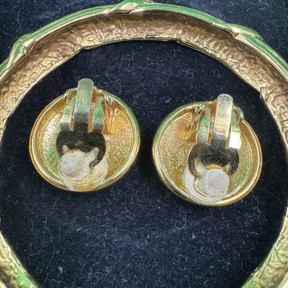 Vintage Chanel Paris Gold Tone Bangle Bracelet & Clip Earrings Set Original Box